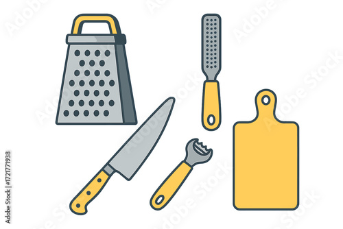 Kitchen tools include a grater, knife, bottle opener, and cutting board arranged in an organized layout for cooking preparation