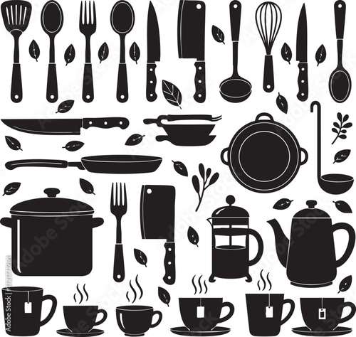 Kitchen utensils and cookware set with cups and leaves, black and white vector illustration