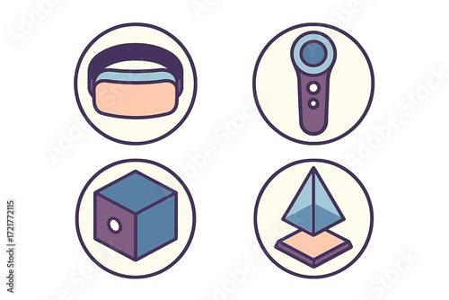 Virtual reality symbols showing headset, controller, cube, and pyramid in simple design