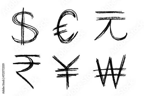Hand drawn multiple currencies symbol set Dollar euro yuan yen won rupee