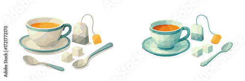 Stylish geometric tea cups with tea bags, sugar cubes, and spoons on a minimalist background