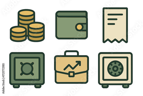 Icons representing financial concepts such as savings, budgeting, and secure storage for money and valuables
