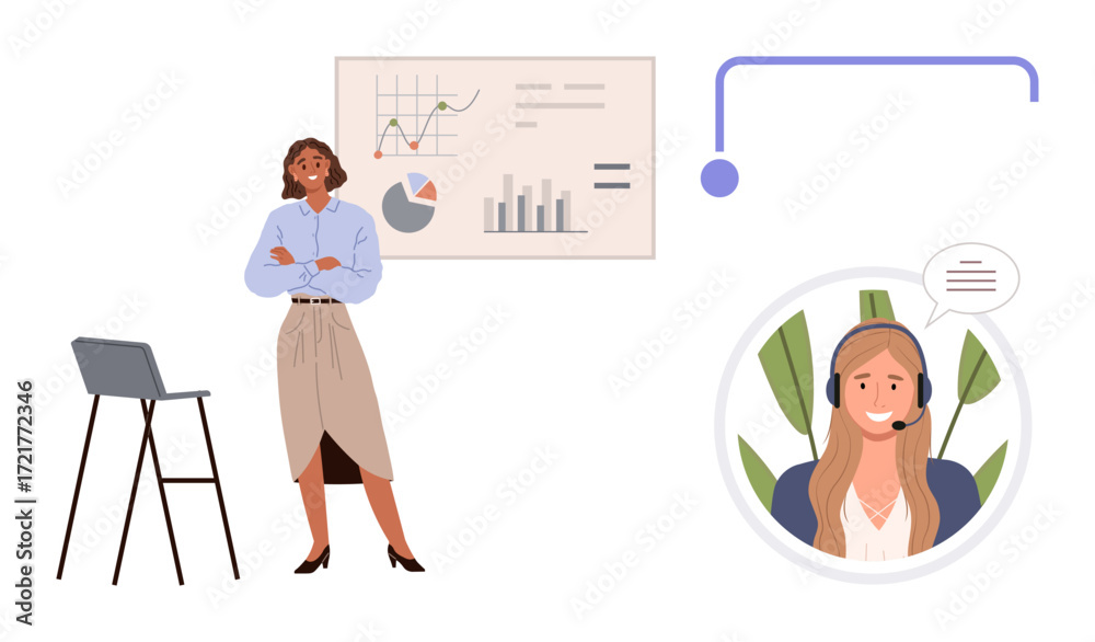 custom made wallpaper toronto digitalBusinesswoman standing near chart confidently presenting data, virtual call with customer support agent in headset. Ideal for teamwork, analytics, communication, customer service, training, support