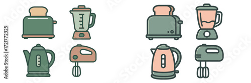 Kitchen appliances including a toaster, blender, kettle, and mixer arranged in a neat layout on a simple background