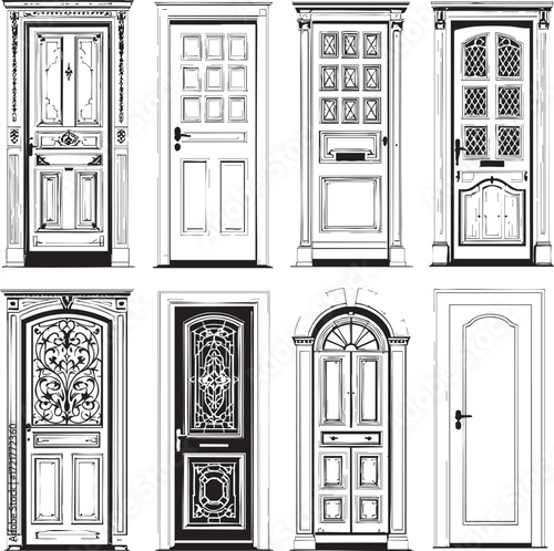 Collection of eight different door designs in black and white line art illustration style format image