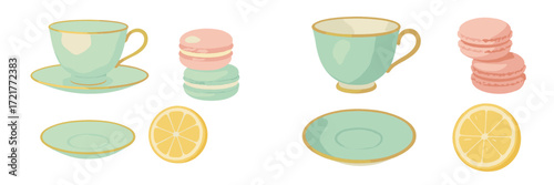 Colorful tea set with macarons and lemon slices arranged on a pastel table