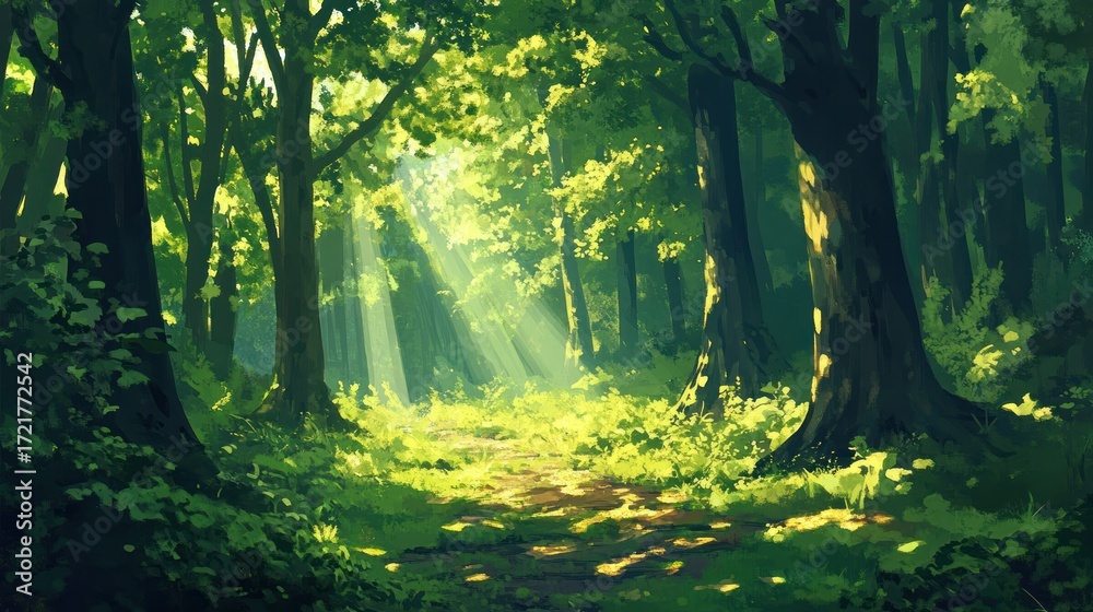 Fototapeta premium Sunlit Forest Path: A Digital Painting of Tranquil Nature