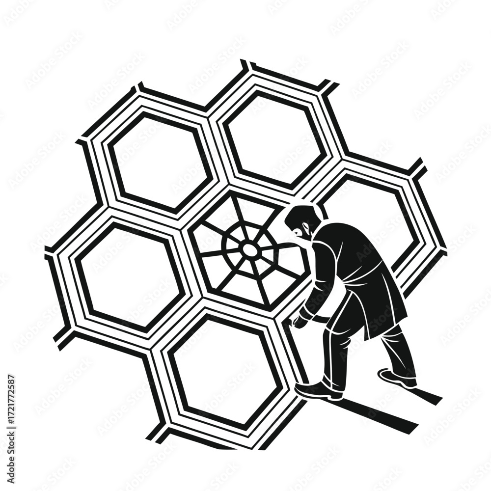 Fototapeta premium Man Inspecting Abstract Honeycomb Pattern A Minimalist Vector Design