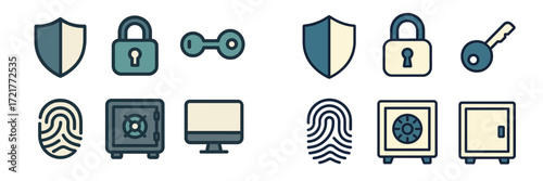 Collection of security icons representing safety, protection, and privacy measures in digital and physical environments