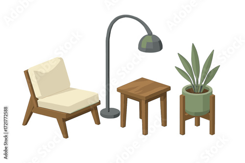 Cozy living room setup with modern chair, lamp, table, and indoor plant in a minimalistic design