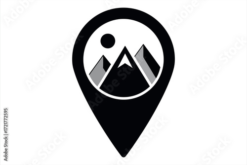Black map pin icon with mountain landscape and sun inside location marker navigation symbol