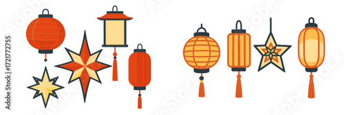 Colorful lanterns and star decorations brighten up a festive event during a cultural celebration at night