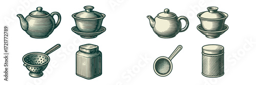 Vintage kitchenware illustrations featuring tea pots, sugar bowls, and strainers in detailed sketches