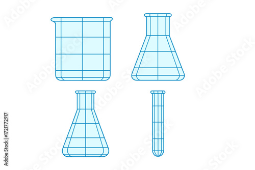 Different types of lab glassware displayed in a simple blue outline design suitable for educational materials