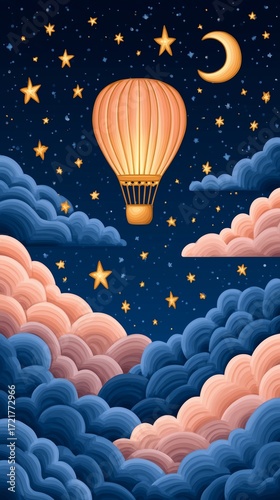 Dreamy Night Sky with Hot Air Balloon and Stars