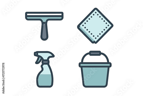 Essential cleaning tools for a tidy home or office space with a squeegee, cloth, spray bottle, and bucket displayed together