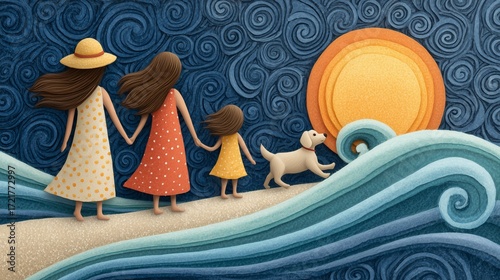 Family Walking on Beach at Sunrise with Dog in Whimsical Paper Art Style