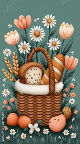 Charming Picnic Basket with Bread and Spring Flowers
