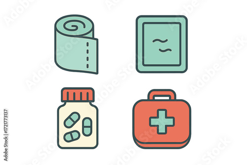 Essential medical supplies for first aid and health needs in a compact layout suitable for emergencies