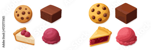 Collection of dessert emojis featuring cookies, brownie, pie, and ice cream in a playful arrangement