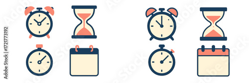 Various timekeeping devices and tools for measuring time in a digital style presentation