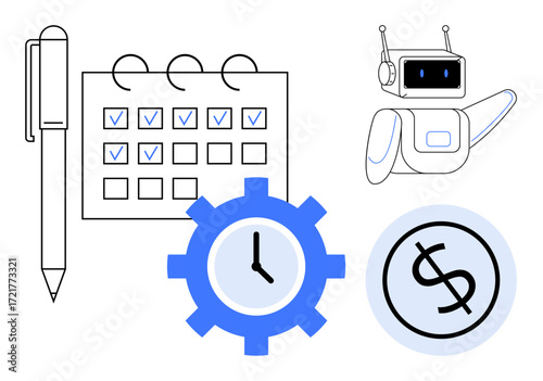 Pen, calendar with checkmarks, robot, gear with clock, and dollar sign highlight planning, automation, efficiency, productivity budgeting scheduling and digital solutions. Ideal for time saving