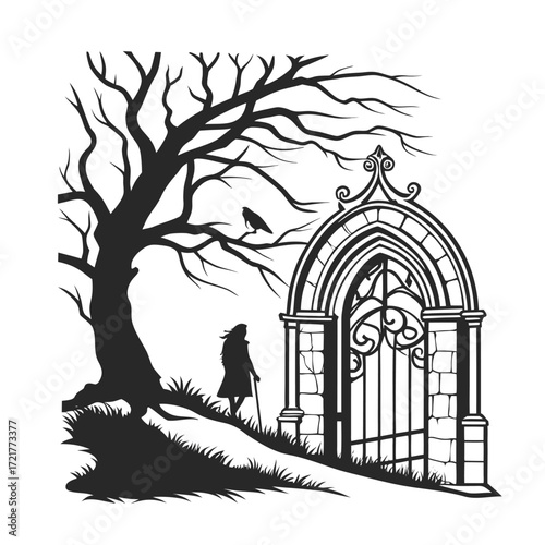 Enigmatic silhouette of a lone wanderer approaching an ancient gothic gate under a sprawling, bare tree with a watchful raven, evoking a sense of mystery and a journey into the unknown