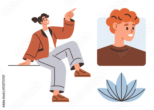 Young person sitting and pointing upward, framed portrait of another person, stylized flower motif. Ideal for teamwork, self-expression, creativity, mindfulness, connection, communication simple