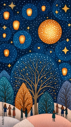 Whimsical Winter Night with Lanterns and Starlit Trees