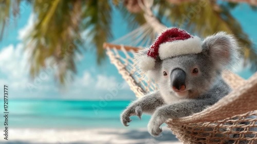 A koala wearing a festive Santa hat lounges comfortably in a hammock under palm trees by the beach.