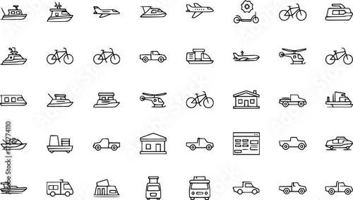 50 linear transportation icon pack. vector thin line pt boat, kick scooter, jetliner, bike, helicopter, houseboat, pickup icons suitable for apps and websites ui designs.