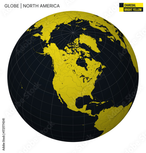 Vector Globe centered to North America. Charcoal Bright Yellow palette. World map with meridians, parallels, countries, rivers and lakes. Elegant vector illustration.