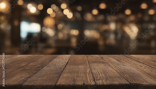 Empty wooden table in front of abstract blurred background of coffee shop . can be used for display or montage your products.Mock up for display of product 