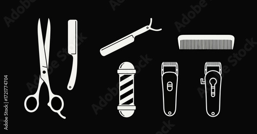Monochrome Barber Shop Tools and Hairdressing Equipment Set.