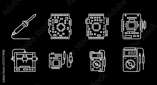 Electronics Repair Tool Vector Icon Set with Minimalist Line Art Circuit Boards