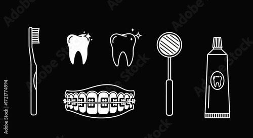 Icon Set Vector Collection of Minimalist Dental and Orthodontic Line Art Graphics