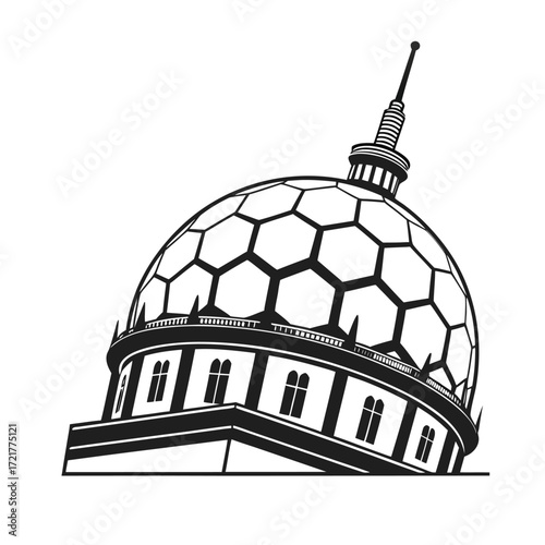 Striking minimalist monochrome illustration of a modern architectural dome with a geometric hexagonal pattern and pointed spire, symbolizing innovation and design