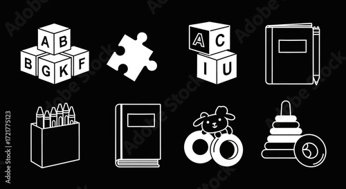 Icon Set Vector of Childhood Toys and Learning Symbols in Minimalist Outline Style