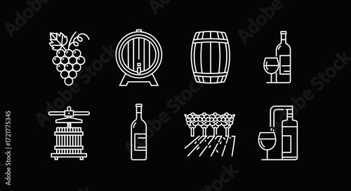 Icon Set Vector Collection of Wine Making and Vineyard Line Art Elements