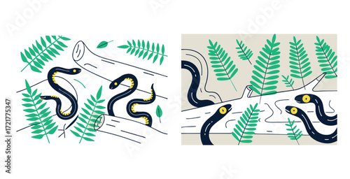 Elegant serpents with bodies composed of twisting vines and intertwined flowers vector art design