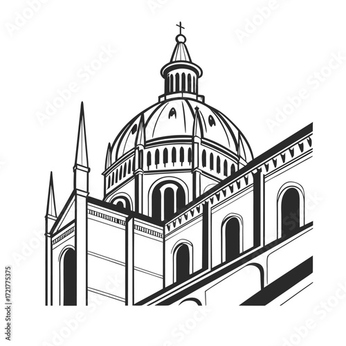 Monochrome vector illustration of a historic cathedral with an ornate dome, simple black and white line art showcasing classical architectural details