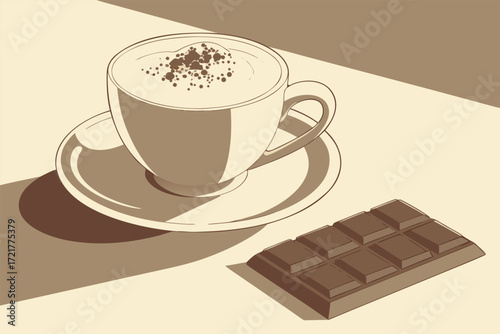 Romantic still life: coffee cup with cinnamon-dusted foam and chocolate, perfect for International Coffee Day cards