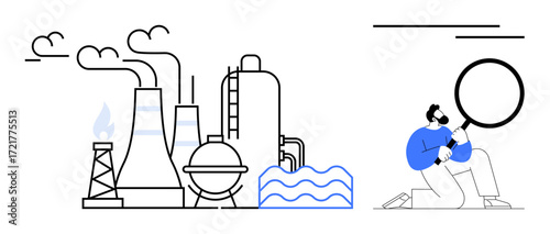 Factory with smoke stacks emitting gases beside water waves and clouds. Researcher examines air and environmental impact with a magnifying glass. Ideal for science, industry, environment, research