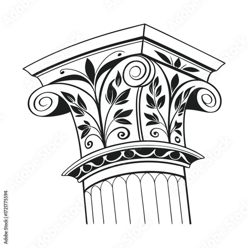 Elegant Corinthian column capital with intricate acanthus leaves and spiral volutes. Black and white architectural silhouette vector drawing