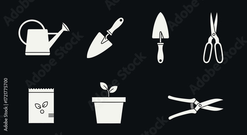 Minimalist Gardening Tools Vector Icon Set with Plant and Seedling Silhouettes