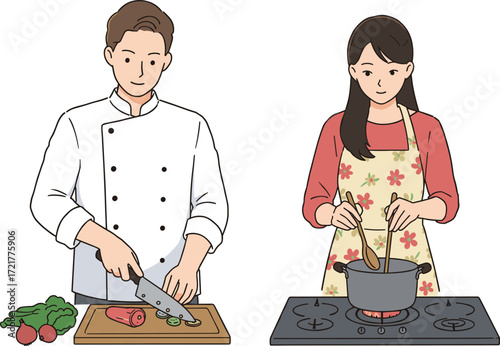 Cooking teamwork, kitchen preparation, chef slicing vegetables, home cooking, culinary skills, food making, healthy ingredients, stove cooking, lifestyle, apron, teamwork