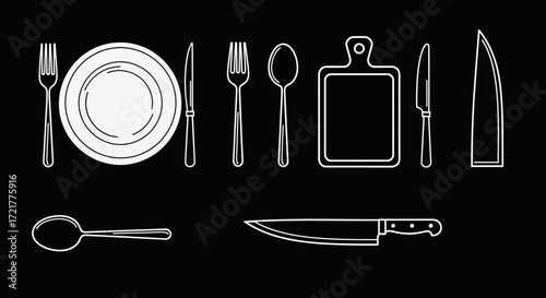 Minimalist white outline set of kitchenware and cutlery icons.