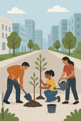 Community members planting a tree in an urban area, symbolizing environmental awareness and sustainability
