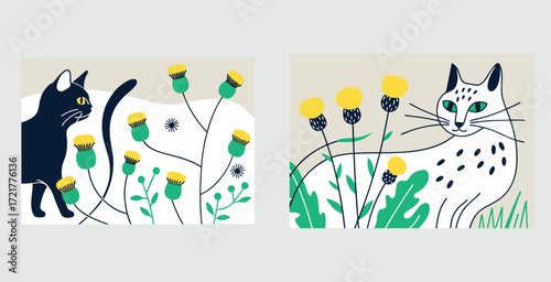 Mystical feline creature with fur that mimics the patterns and colors of blooming flowers vector art design