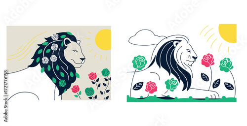 Majestic lion with a flowing mane crafted entirely from vibrant blooming flowers vector art design